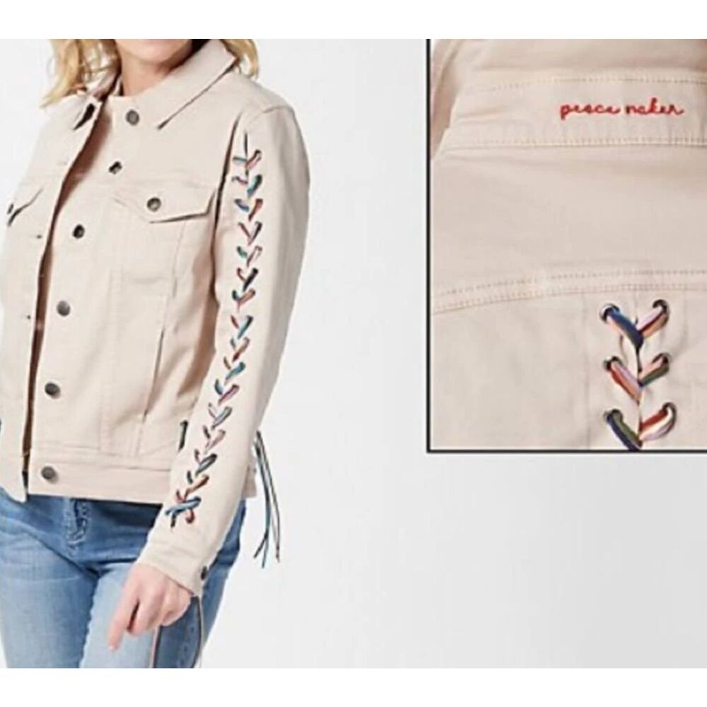 Peace Love World Cotton Beige Denim Jacket MultiColor Baseball Weave Detail SZ L - Picture 12 of 13